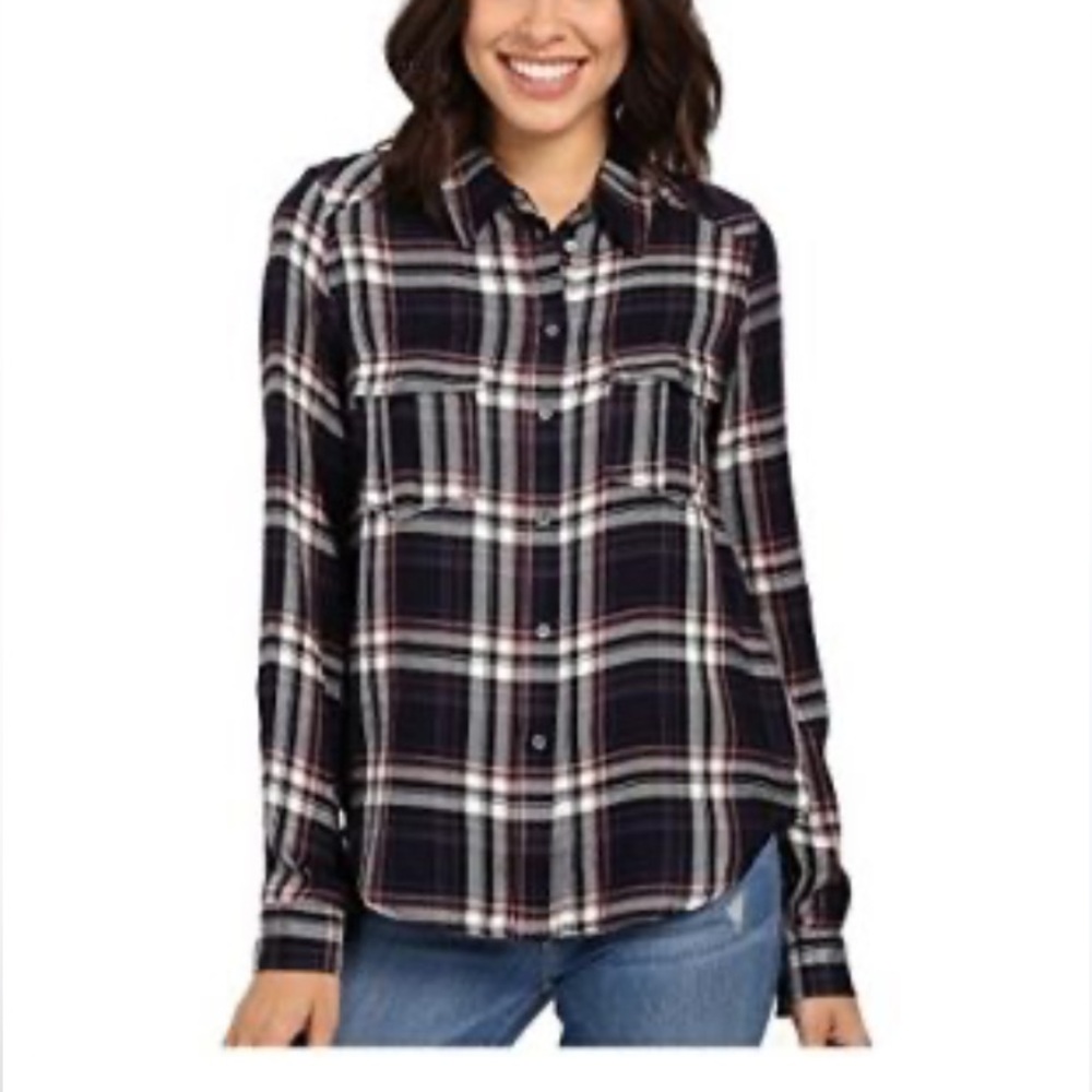 PAIGE Navy Cream Pink Plaid Button-Up Shirt. Size XS